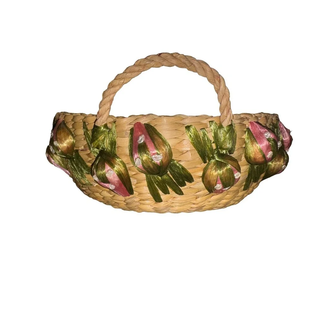 Vintage Woven Raffia Straw Round Casserole Basket With Fruit Accents Handles